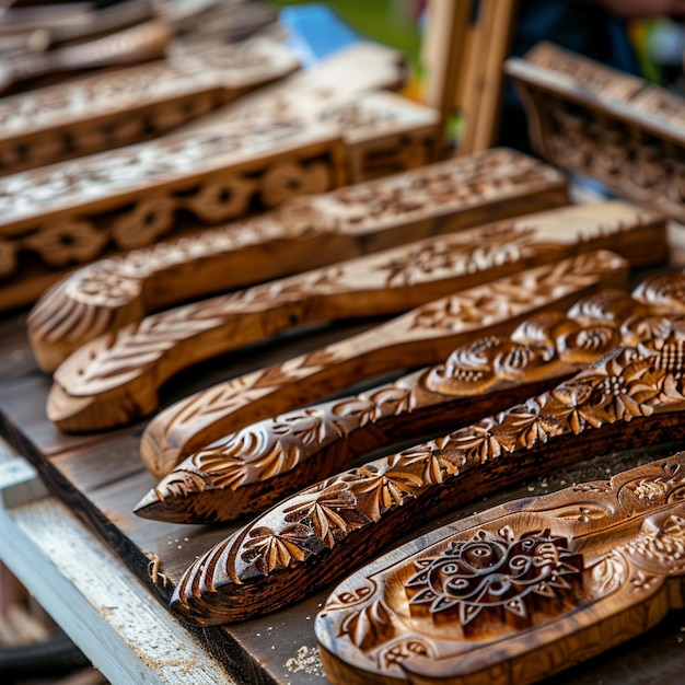 Esculturas tradicionais de sapatos de madeira da Letônia exibidas na Feira de Artesãos