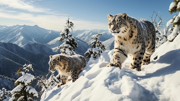 Foto escurridizos leopardos de las nieves navegando sigilosamente a través de un paisaje nevado del himalaya