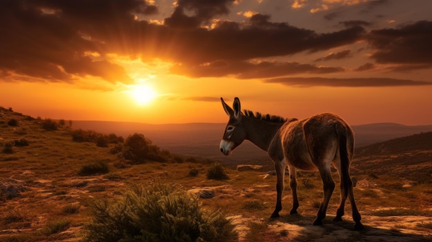 Esel beobachtet den Sonnenuntergang in Bulgarien und sein einzigartiges europäisches Formsilhouettenkonzept