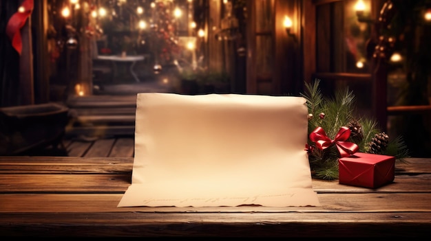 La esencia de la Navidad con una imagen de una hoja de deseos vacía para Papá Noel delicadamente colocada en una mesa de madera rústica El concepto de vacaciones perfecto para difundir la alegría festiva