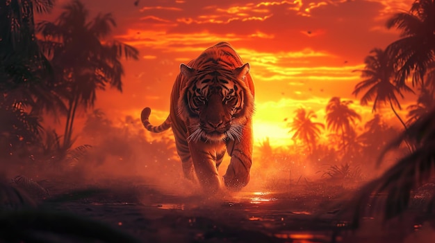 Foto esencia de la salvaje un majestuoso tigre camina contra una sombría puesta de sol siluetas de palma