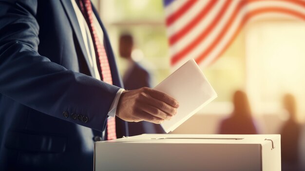 Foto la esencia de la temporada electoral el concepto de democracia como votante sostiene un sobre por encima de la boleta durante las elecciones de los estados unidos las banderas de los ee.uu. ondean orgullosamente en el fondo