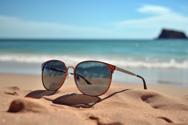 Esenciales de la costa gafas de sol elegante descansando contra un telón de fondo de playa de arena