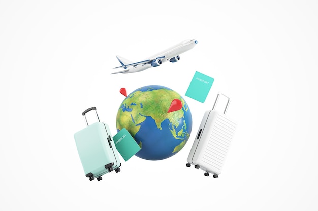 Esenciales de viaje con pasaportes globo equipaje y avión en fondo blanco Renderización 3D