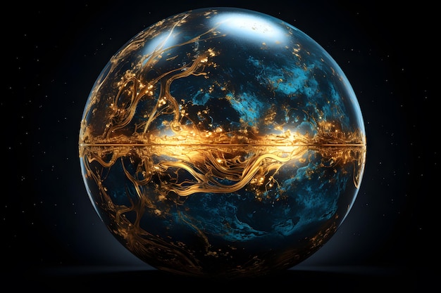 Esfera abstrata azul e dourada no espaço Planeta brilhante em fundo preto Renderização 3D