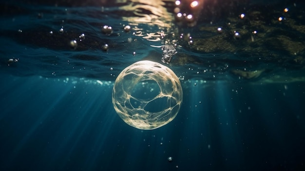 una esfera en el agua con el sol brillando sobre ella