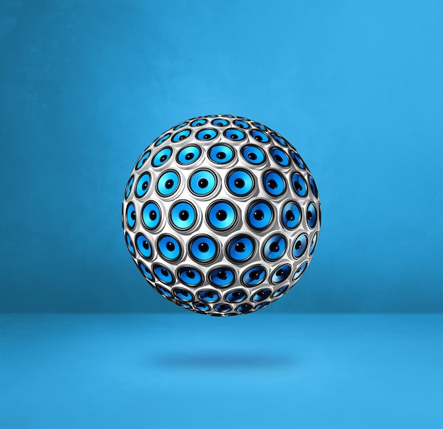 Esfera de altavoces aislada sobre un fondo azul de estudio.