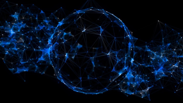 Esfera azul abstracta en fondo negro Estructura de círculo de marco de alambre con partículas y líneas brillantes Ilustración digital futurista Renderización 3D