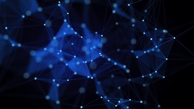 Esfera azul abstracta sobre fondo negro Estructura circular de marco de alambre con partículas y líneas brillantes Ilustración digital futurista Ilustración vectorial