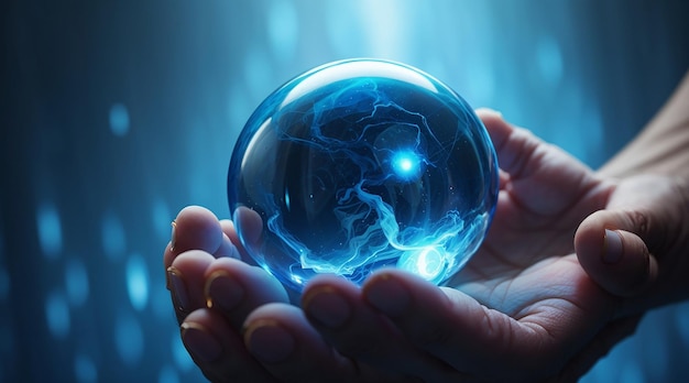 Esfera azul brilhante segurada por mão humana