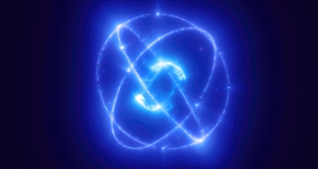 Una esfera azul brillante rodeada de vibrantes partículas giratorias y ondas de energía establecidas