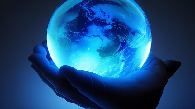 Esfera azul brillante sostenida por mano humana