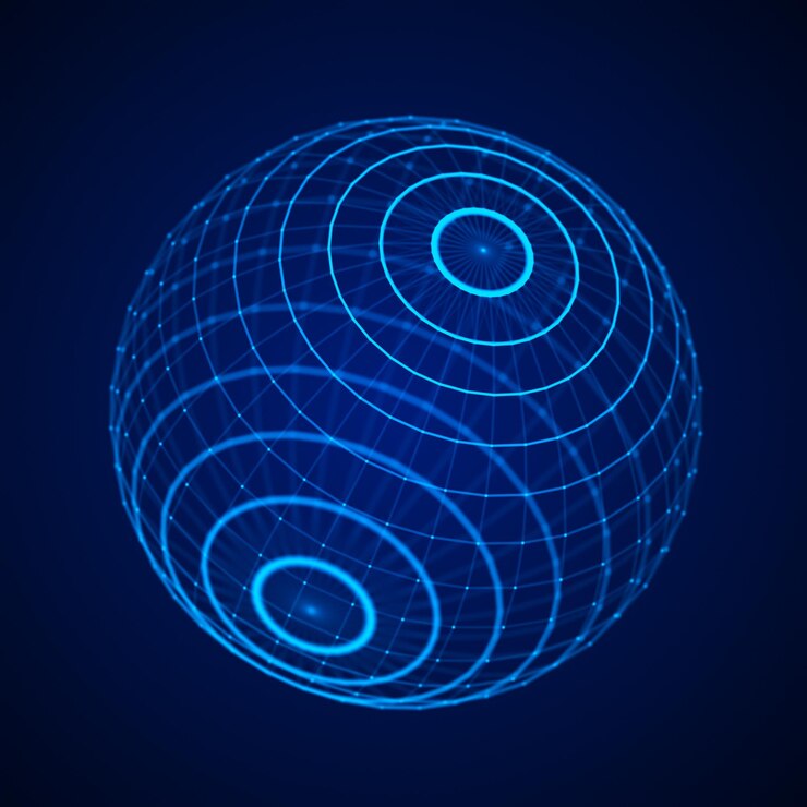 Foto esfera azul de tecnologia com pontos de conexão renderização em 3d de estrutura de rede abstrata digital
