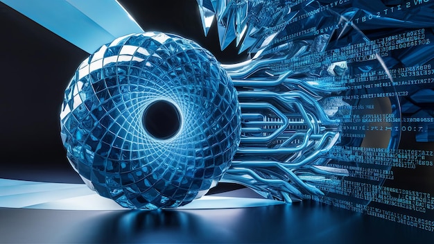Esfera azul futurista con intrincada representación de código binario de innovación tecnológica de vanguardia Idea para diseños abstractos de hitech Esfera de energía digital donde converge el aprendizaje automático de IA