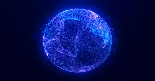 Esfera azul redonda abstrata luz brilhante brilhando de raios de energia e ondas mágicas de partículas