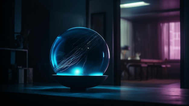 Una esfera azul se sienta sobre una mesa en una habitación oscura.