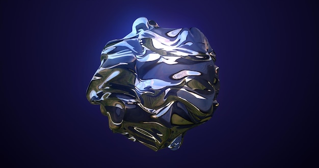 Esfera de bola de rayas metálicas azules líquido fundido iridiscente brillante hermoso que brilla intensamente sobre un fondo azul oscuro Resumen Antecedentes