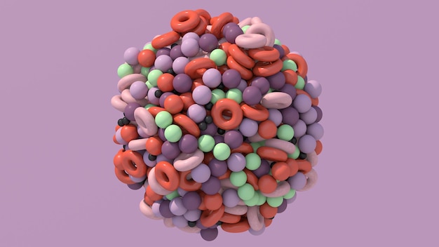 Esfera con bolas de colores y formas circulares. Ilustración abstracta, render 3d.