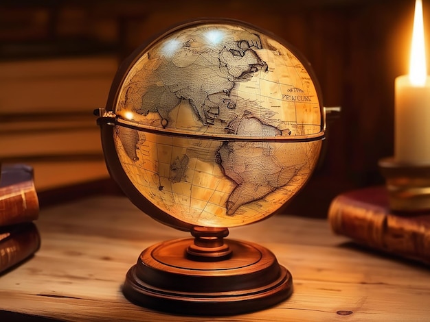 Esfera brilhante ilumina o antigo mapa do mundo em uma mesa de madeira