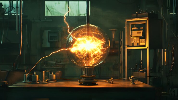 Una esfera brillante de electricidad suspendida dentro de una esfera de vidrio en una habitación oscura conectada a cables y otros equipos de laboratorio