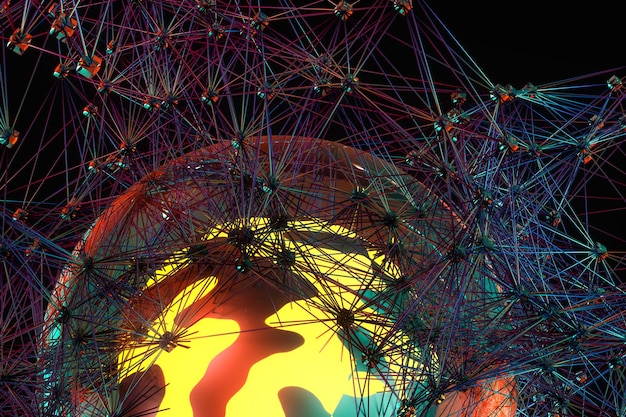 Esfera brillante y mágica con líneas conectadas renderización 3D
