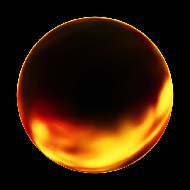 Esfera brillante o bola de fuego aislada en fondo negro en renderización 3D