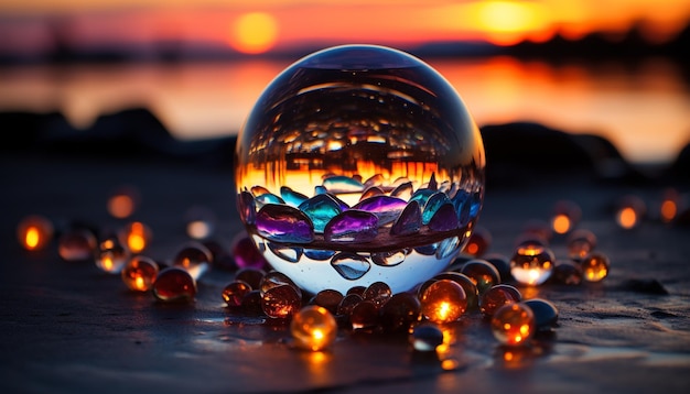 Foto esfera brillante refleja colores vibrantes belleza de la naturaleza en vidrio transparente generado por ia