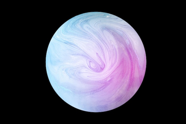 Foto una esfera de color con remolinos rosas y azules sobre un fondo negro.