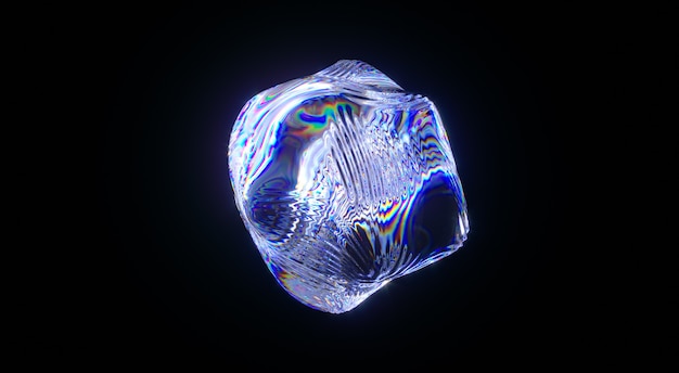 Esfera de cristal abstracto con dispersión y refracción aislada sobre fondo negro. Ilustración de render 3d