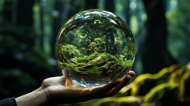 Esfera de cristal en la mano con fondo de entorno forestal Ai generativo