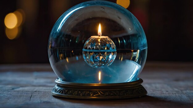La esfera de cristal mística en la mesa drapeada emana un resplandor espeluznante