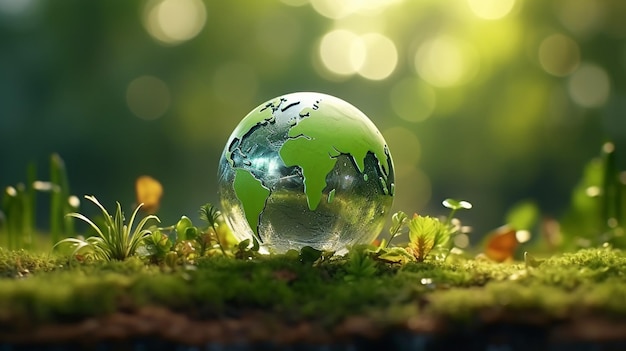 Esfera de cristal que simboliza el planeta Tierra en un lecho de bosque verde Concepto de medio ambiente y sostenibilidad