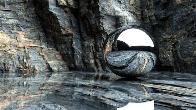 La esfera de cromo refleja el cañón rocoso paisaje surrealista sitio web de arte digital banner