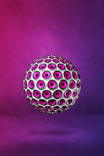 Foto esfera de alto-falantes em uma parede roxa. ilustração 3d