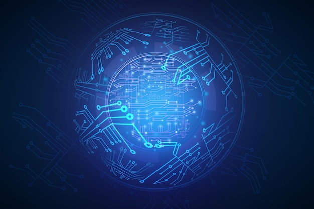 Esfera de circuito digital brilhante abstrata em fundo azul Tecnologia de hardware e conceito de inovação Renderização 3D