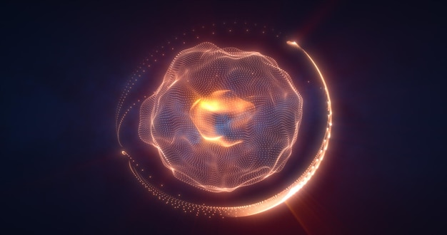 Esfera de energia laranja abstrata de partículas e ondas de brilho mágico em um fundo escuro