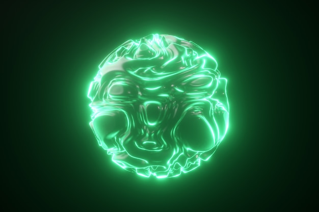 Esfera de néon luminoso abstrata. Abstrato com ondulações onduladas verdes futuristas. Forma 3d com estroboscópica padrão encaracolado. Ilustração 3d