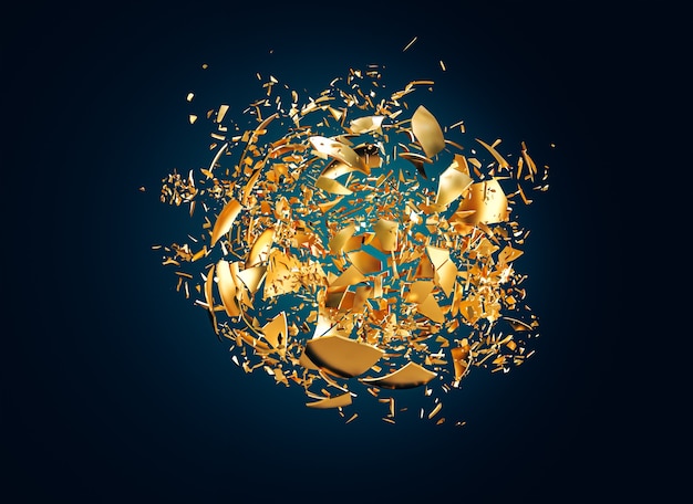 Esfera de ouro que é destruída em pequenos fragmentos. 3d render