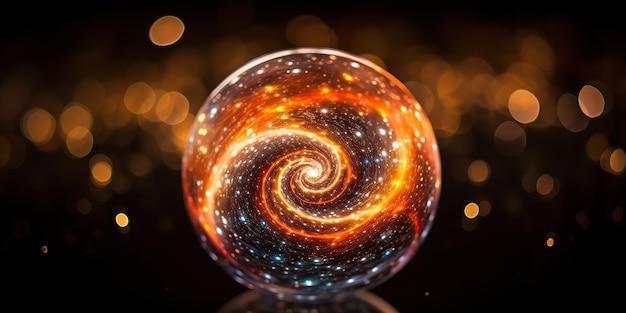 Esfera de vidro objeto geométrico com brilho dourado vista de fundo