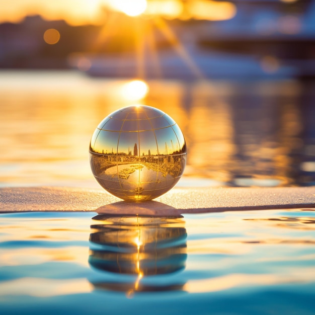 Una esfera dorada flotando en el agua