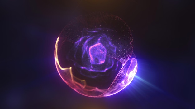 Esfera de energía brillante púrpura con partículas que fluyen y rastros de luz radiante en la oscuridad