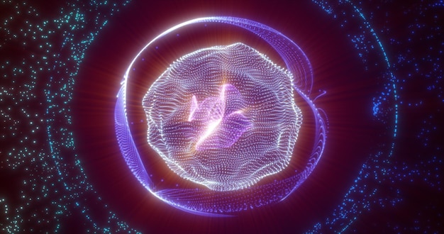 Esfera de energía púrpura abstracta de partículas y ondas de brillo mágico sobre un fondo oscuro