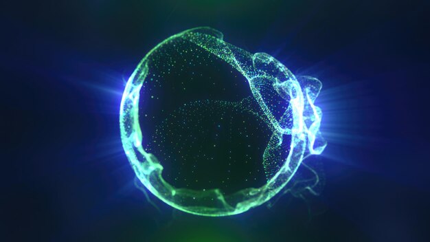 Una esfera de energía verde brillante con intrincada cuadrícula y patrones de partículas en el espacio oscuro futurista
