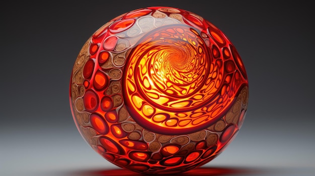 Una esfera con forma de espiral en tonos rojos y naranjas.