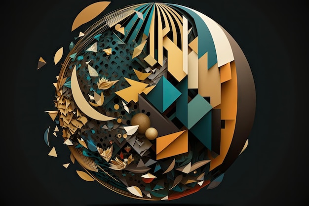 Esfera geométrica abstrata em forma de colagem de arte moderna em fundo escuro criado com generativo