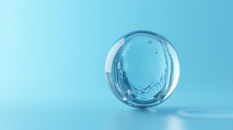 Esfera de gota de agua transparente azul representación 3D representación 3D de fondo de color sólido conceptual