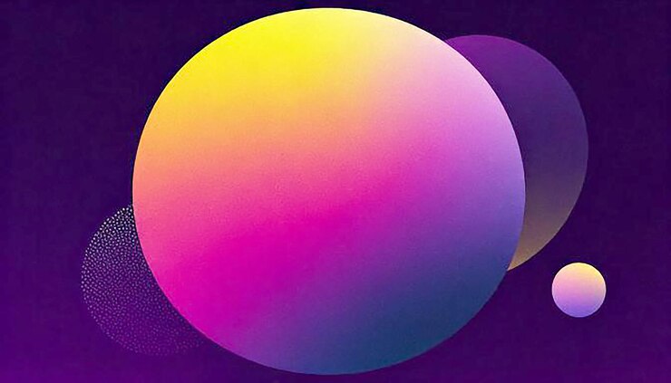 Foto esfera de gradiente abstracto circular púrpura rosa amarillo y forma geométrica diseño de cartel de textura de ruido con un estandarte granulado