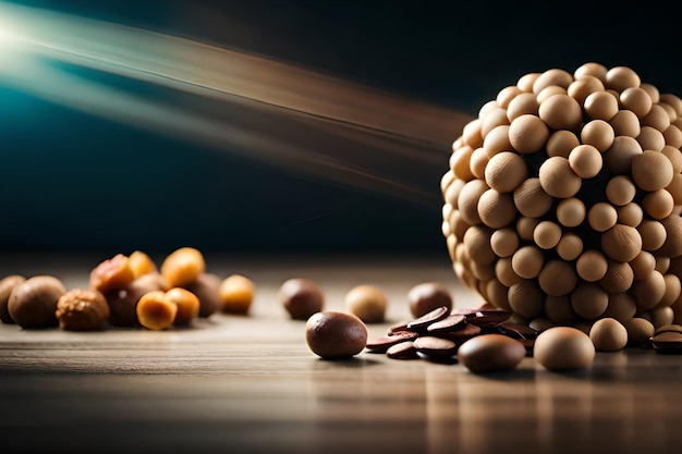 Una esfera hecha de bolas marrones se sienta sobre una mesa con algunas almendras y otras nueces.