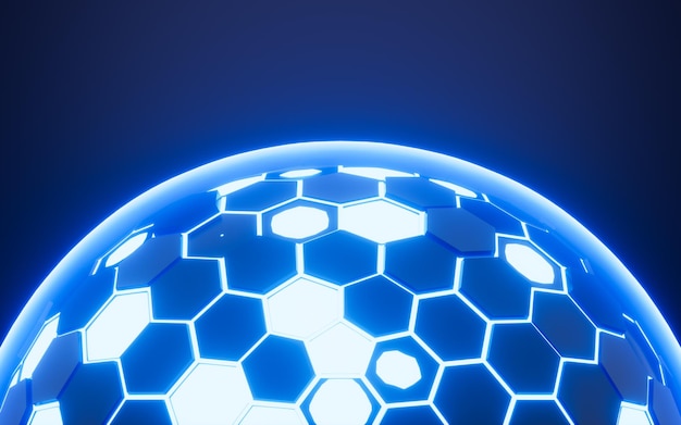 Esfera hexagonal abstracta esfera de neón brillante renderización en 3D