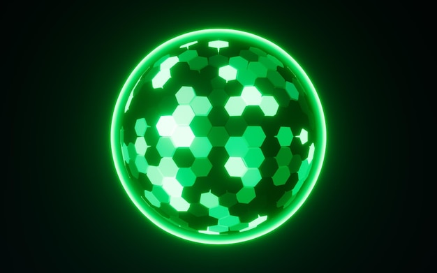 Esfera hexagonal abstracta esfera de neón brillante renderización en 3D